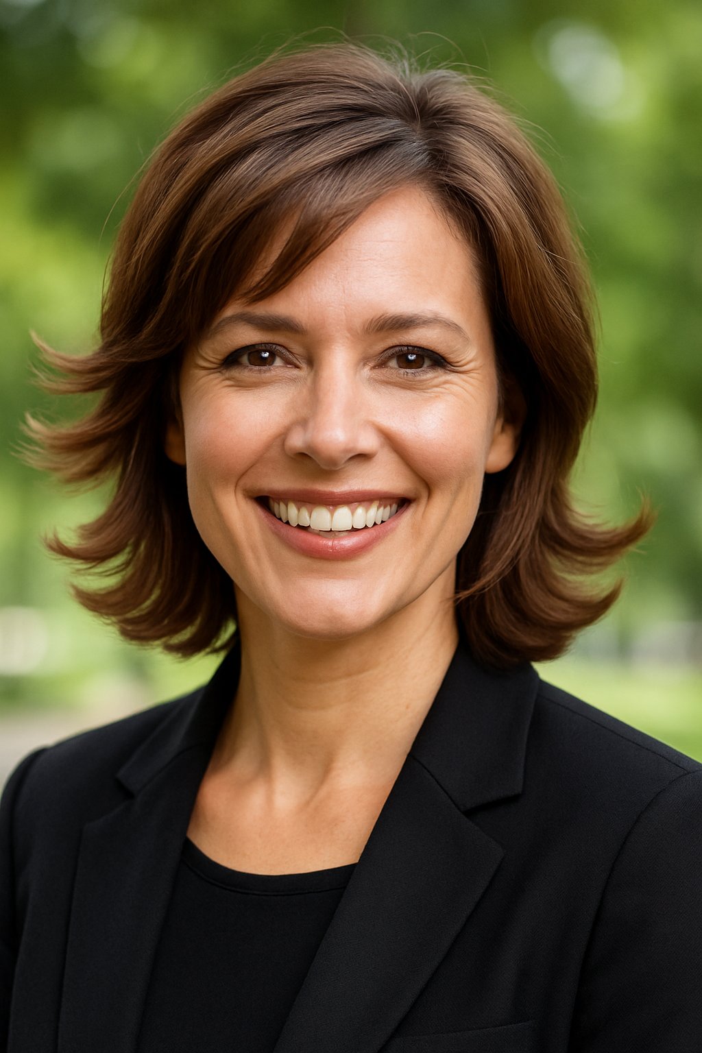 Smiling woman outdoors with layered haircut and flipped ends, looking at the camera with a blurred natural background.