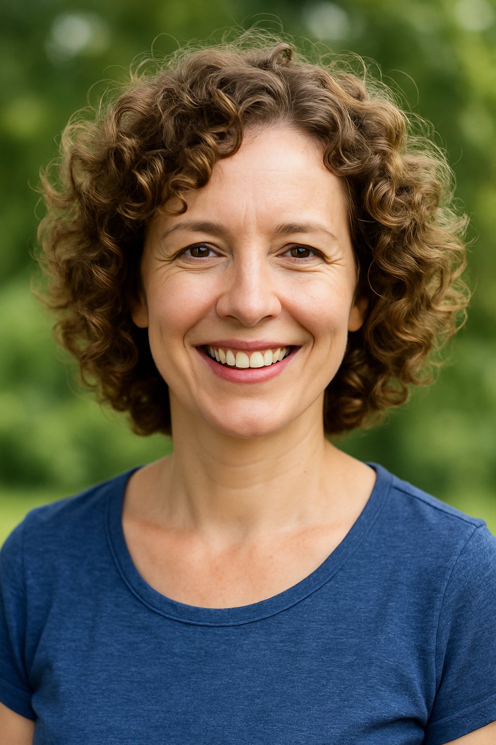 Smiling woman outdoors with curly, voluminous hair.