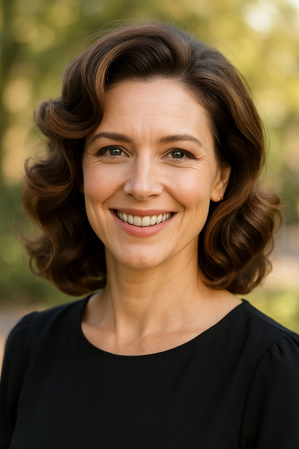 Headshot of a smiling woman outdoors with voluminous wavy hair and a blurred natural background.