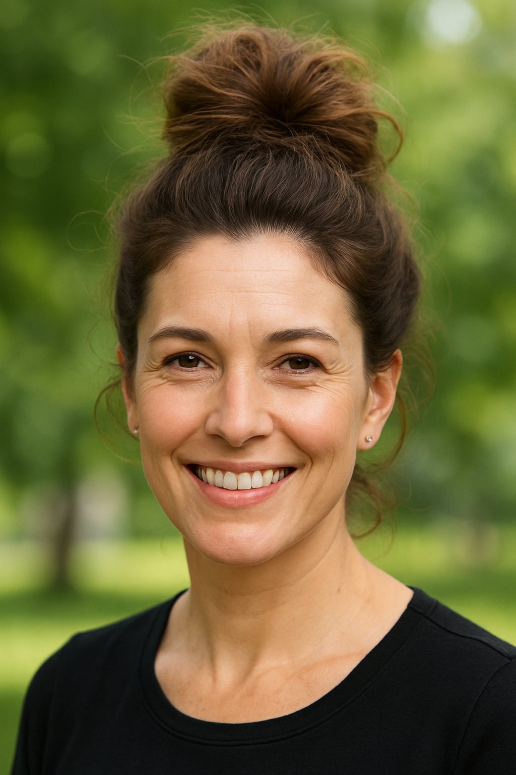 Headshot of a smiling woman outdoors with a messy bun hairstyle and blurred greenery in the background.