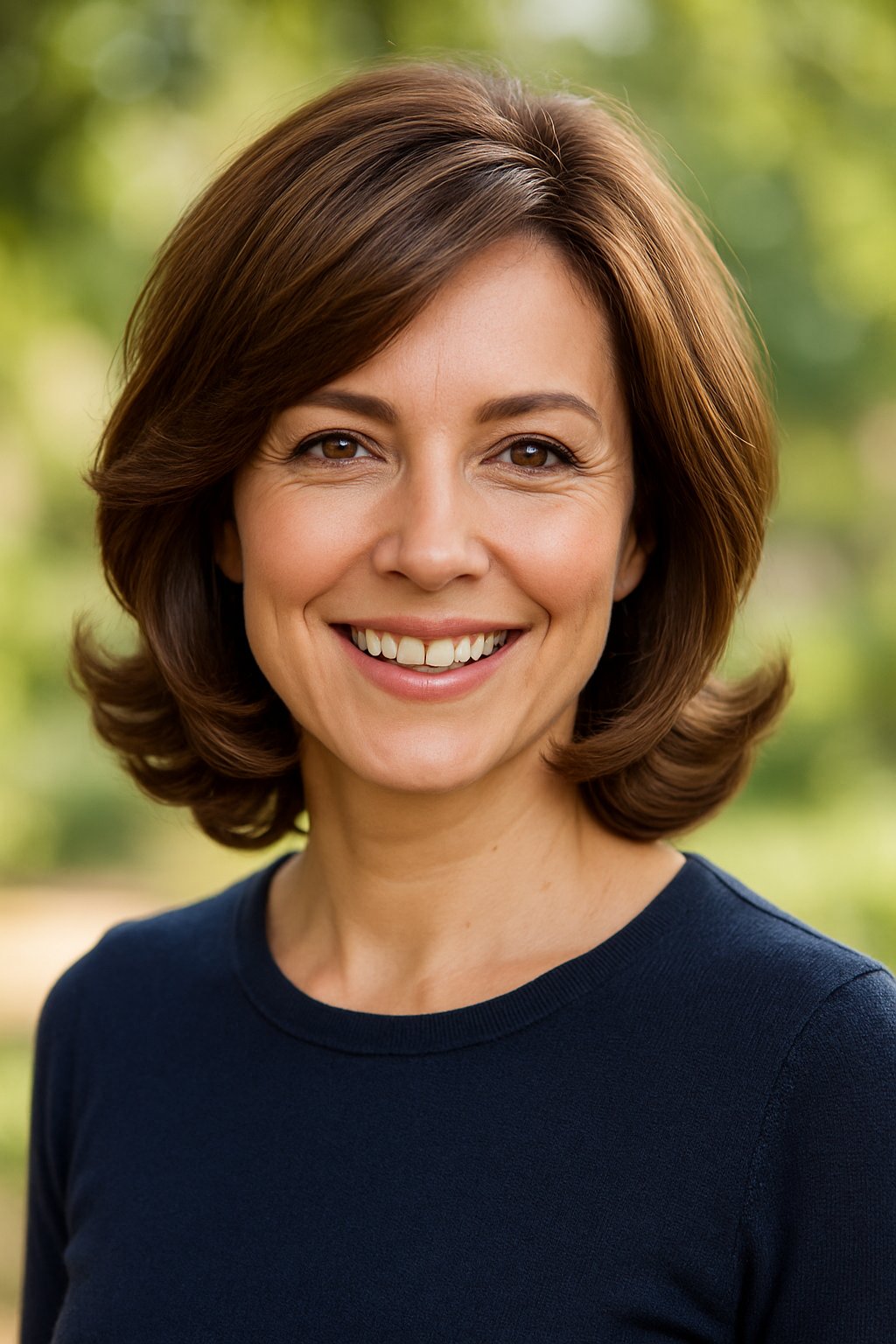 Headshot of a smiling woman outdoors with soft curls framing her face.
