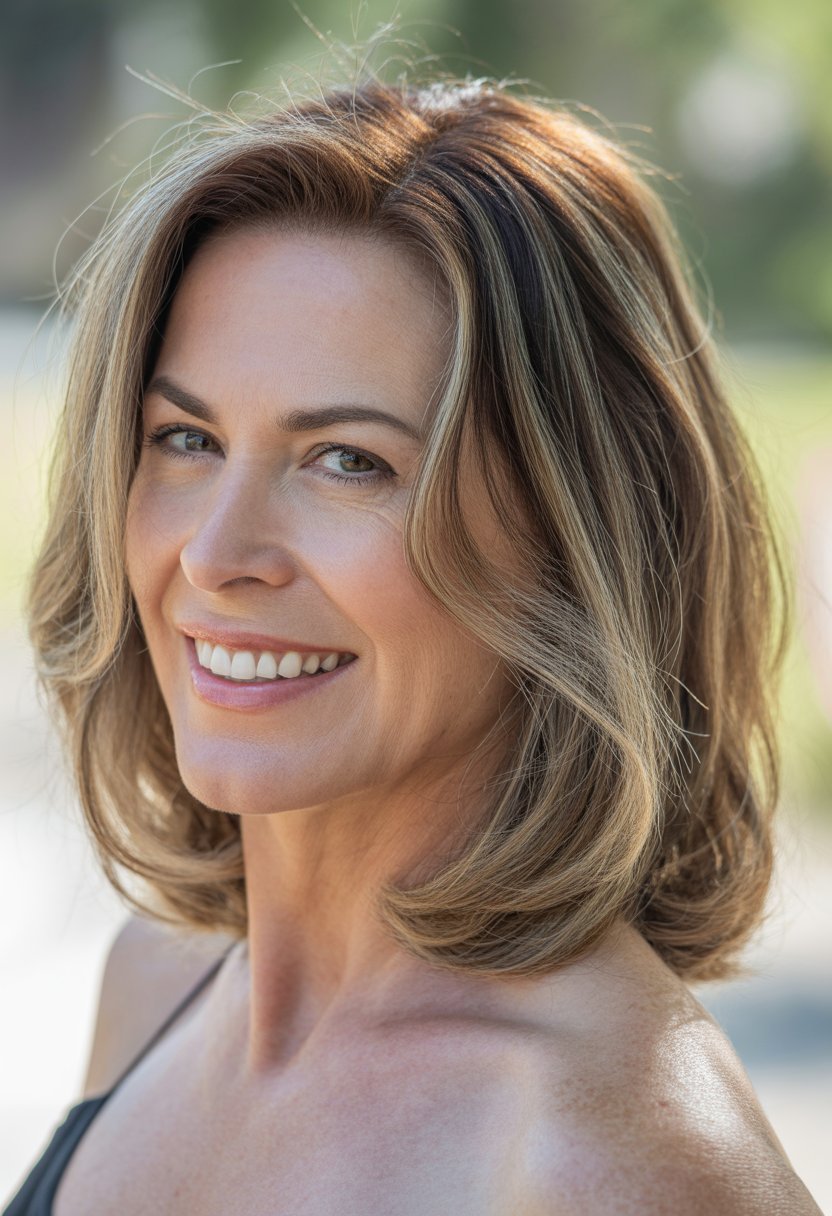 Headshot of a smiling woman outdoors with shoulder-length hair.