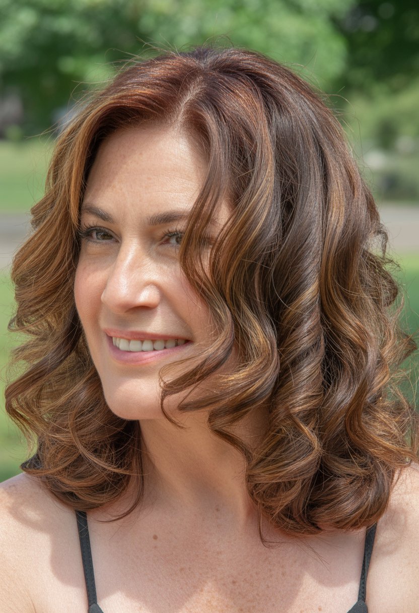 Headshot of a smiling woman outdoors with shoulder-length curly hair.