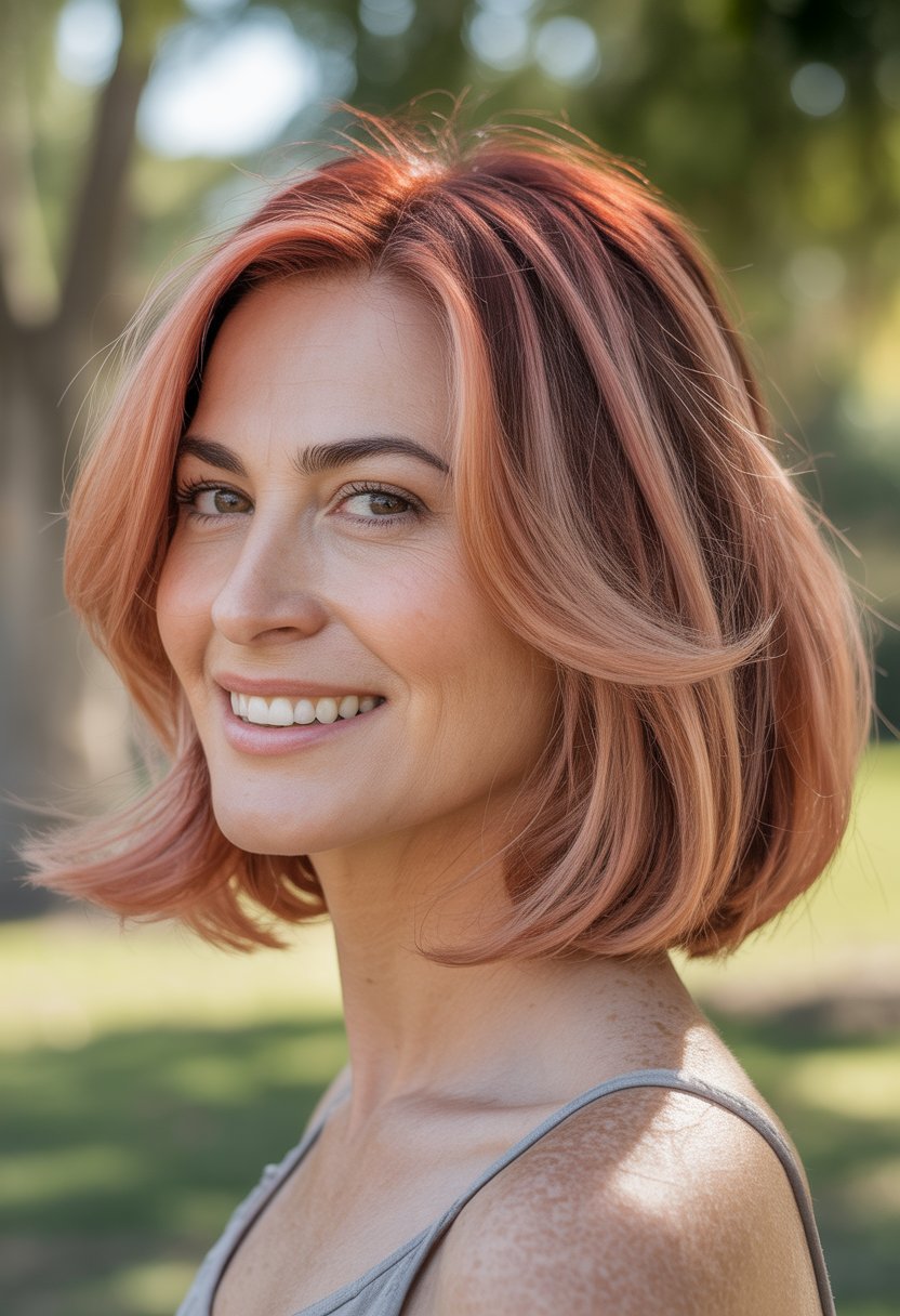 Headshot of a smiling woman outdoors with shoulder-length hair.