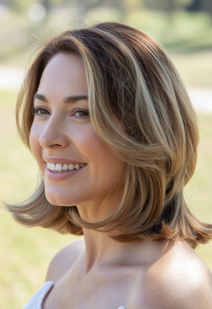 Headshot of a smiling middle-aged woman outdoors with shoulder-length hair and a natural background.