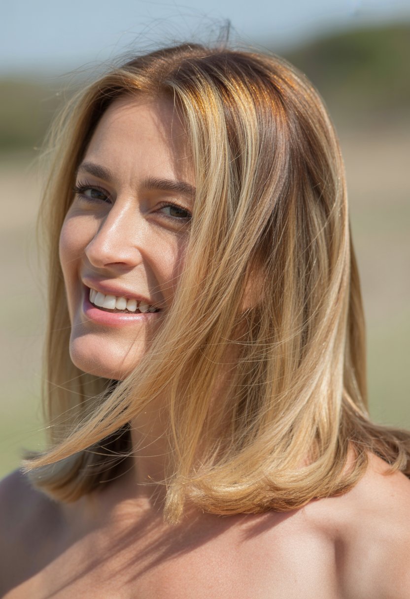 Smiling middle-aged woman outdoors with shoulder-length hair, looking at the camera.