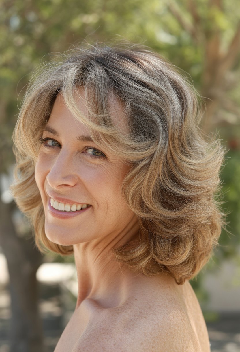 Headshot of a smiling woman outdoors with shoulder-length wavy hair.