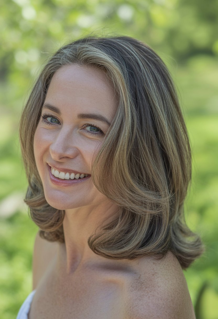 Headshot of a smiling middle-aged woman outdoors with blurred greenery in the background.