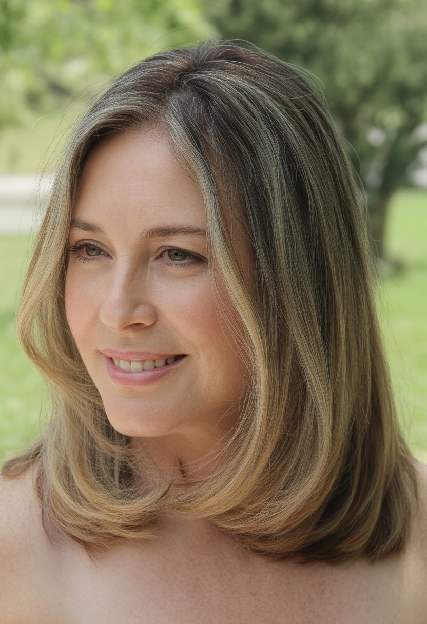 Headshot of a smiling woman outdoors with shoulder-length hair and a blurred green background.