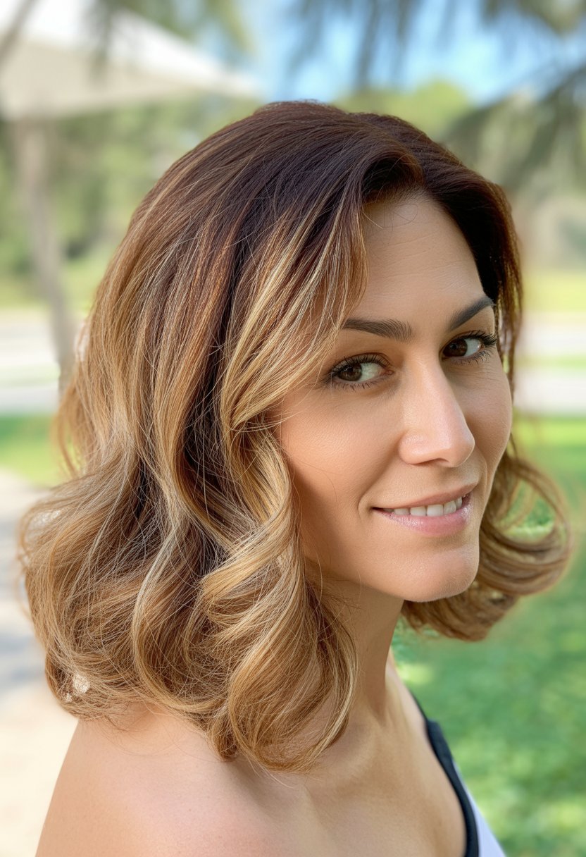Headshot of a smiling woman outdoors with shoulder-length wavy hair.