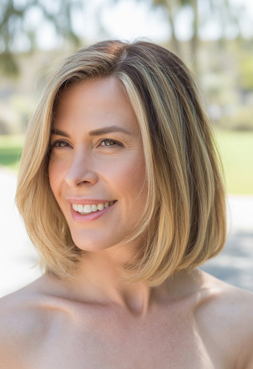 Headshot of a smiling woman outdoors with shoulder-length blonde hair and a blurred natural background.