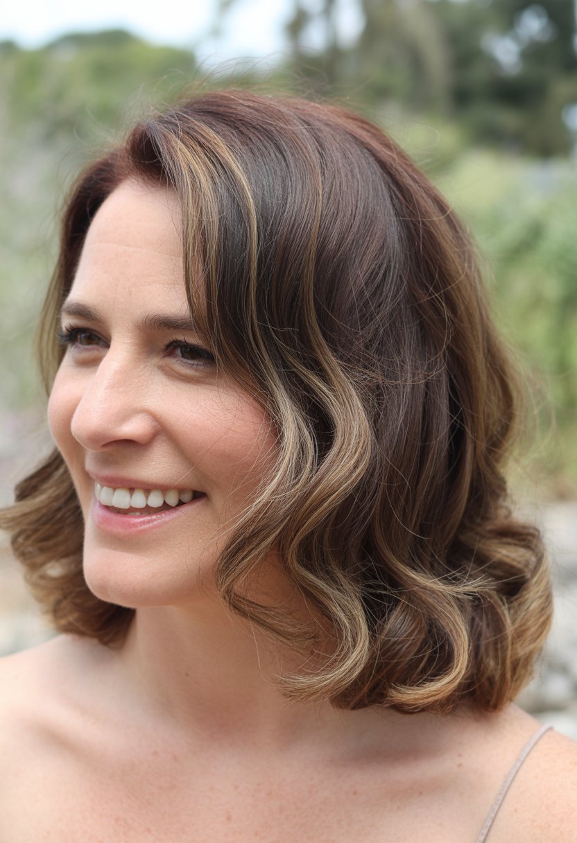 Headshot of a smiling woman outdoors with shoulder-length hair and a natural background.