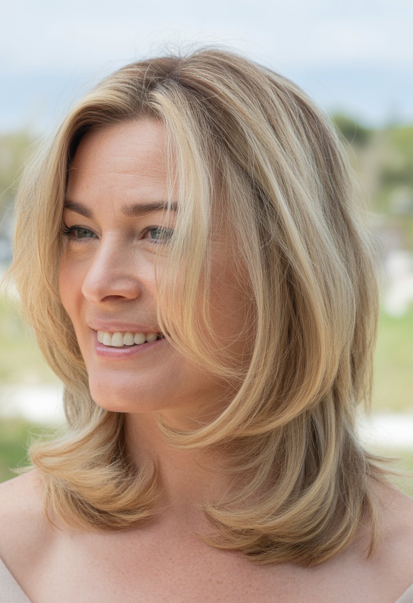 Headshot of a smiling woman outdoors with shoulder-length blonde hair and a natural background.