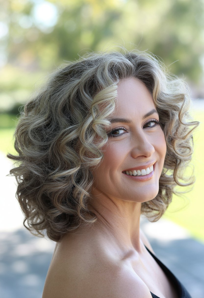 Headshot of a smiling woman outdoors with shoulder-length curly hair and natural background.