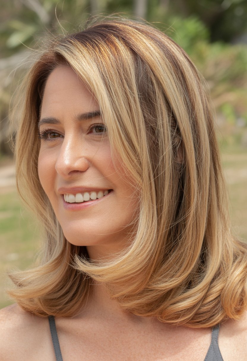 Headshot of a smiling woman outdoors with shoulder-length hair.