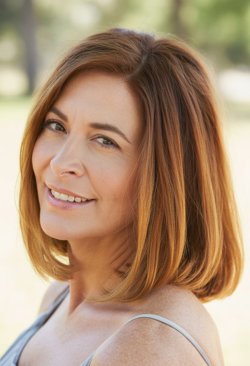 Smiling woman outdoors with shoulder-length hair and a natural background.