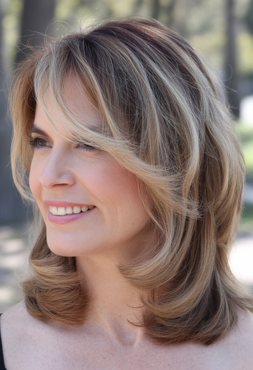 Smiling woman outdoors with shoulder-length hair and side-swept bangs.