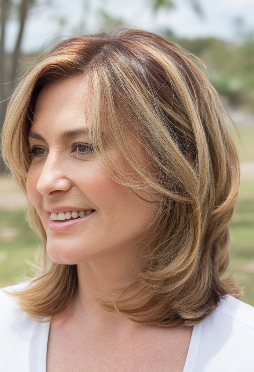 Headshot of a smiling woman outdoors with shoulder-length hair and a natural background.