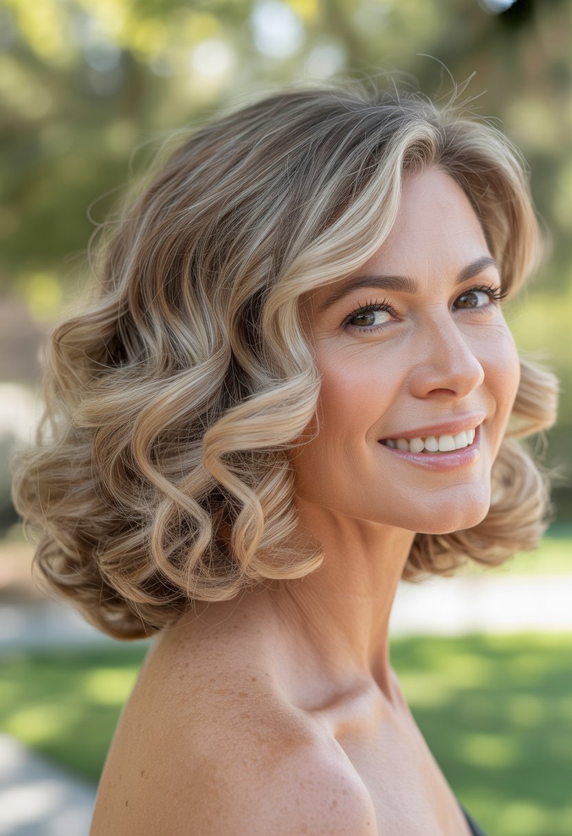 Headshot of a smiling woman outdoors with shoulder-length curly hair.