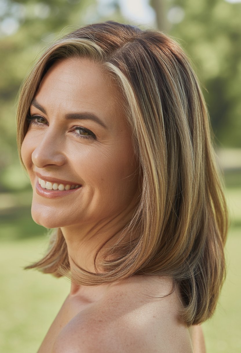 Close-up headshot of a smiling middle-aged woman outdoors with blurred greenery in the background.