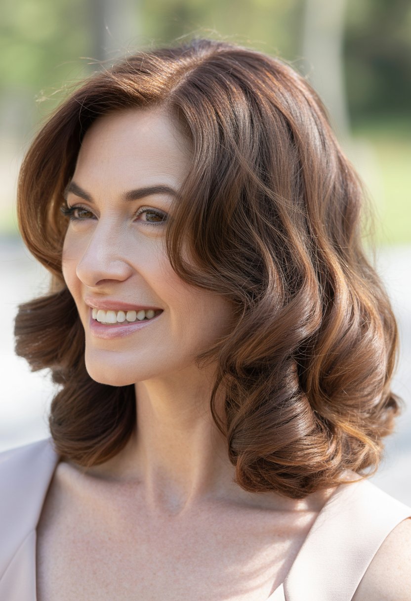 Headshot of a smiling woman outdoors with shoulder-length hair and a natural background.