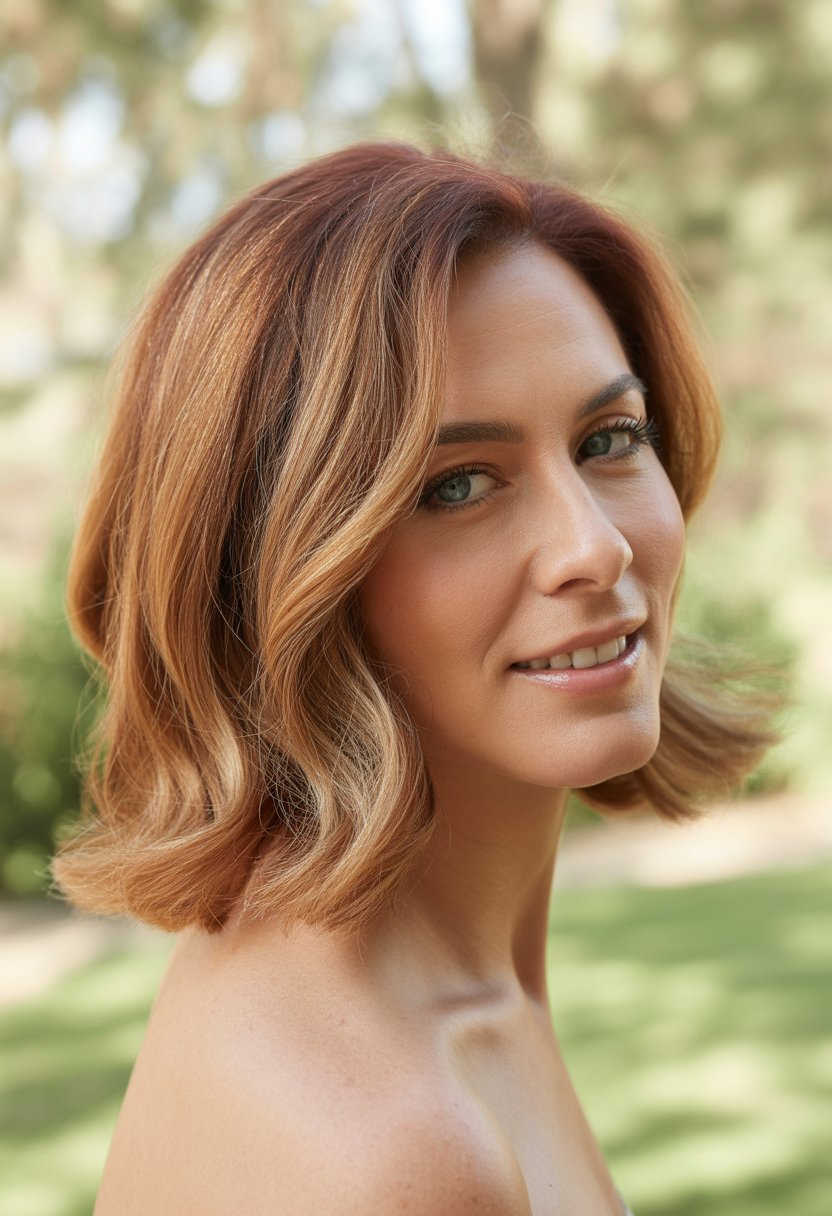 Headshot of a smiling woman outdoors with shoulder-length wavy hair and a natural background.