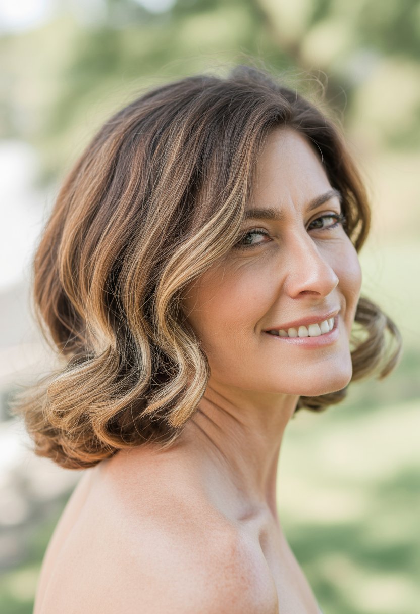 Headshot of a smiling woman outdoors with shoulder-length hair and a blurred green background.