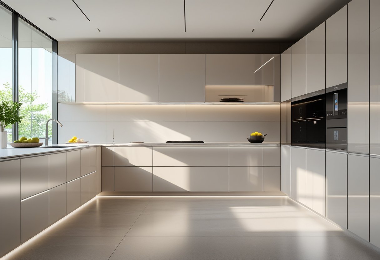 A modern kitchen with futuristic cabinets featuring smooth surfaces, integrated lighting, and high-tech appliances.