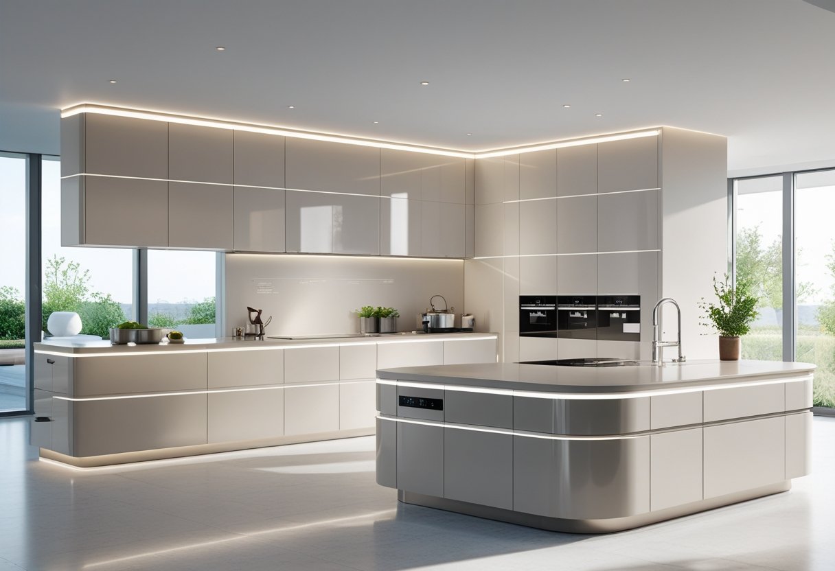 A bright modern kitchen with futuristic cabinets and a large island countertop under natural light.