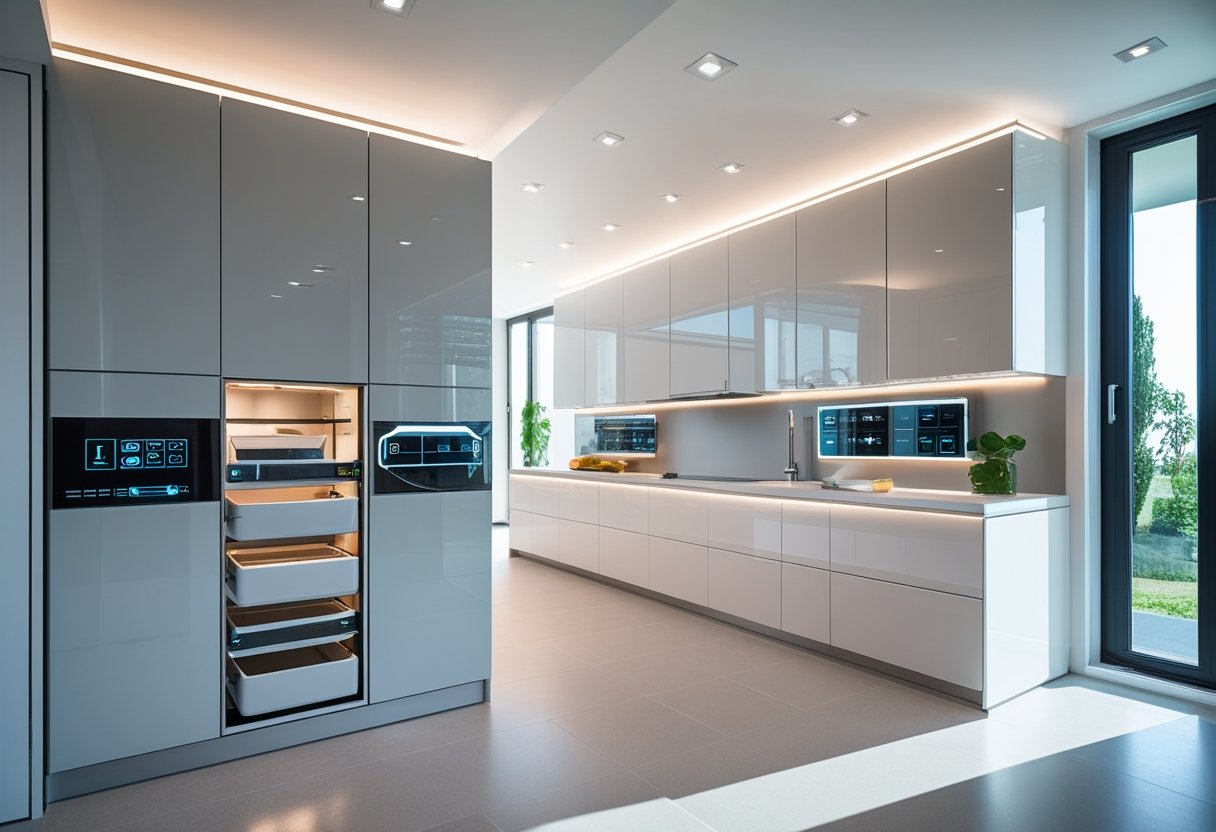 A modern kitchen with futuristic cabinets featuring smart storage compartments and ambient lighting.