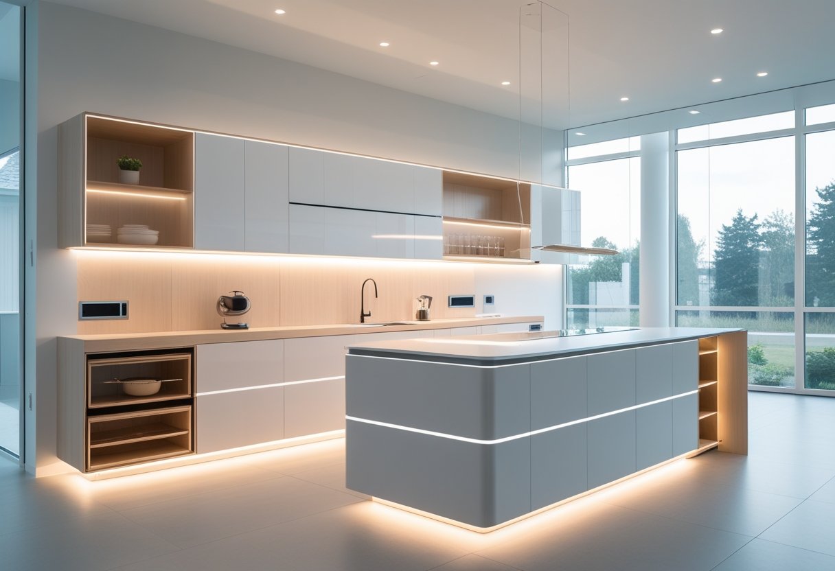 A modern kitchen with futuristic cabinets featuring smooth surfaces, soft lighting, and large windows letting in natural light.
