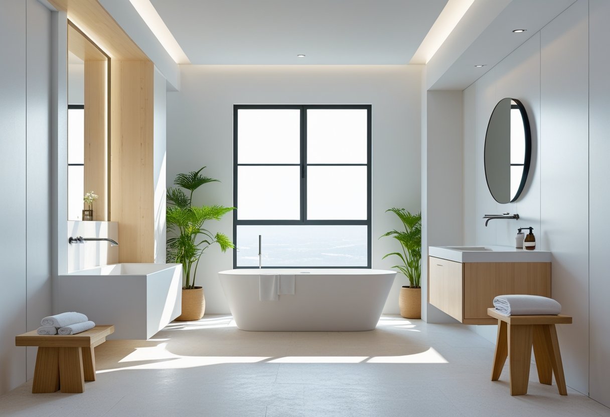 A bright bathroom with a freestanding bathtub, wooden stool with towels, a vanity with a round mirror, and green plants.