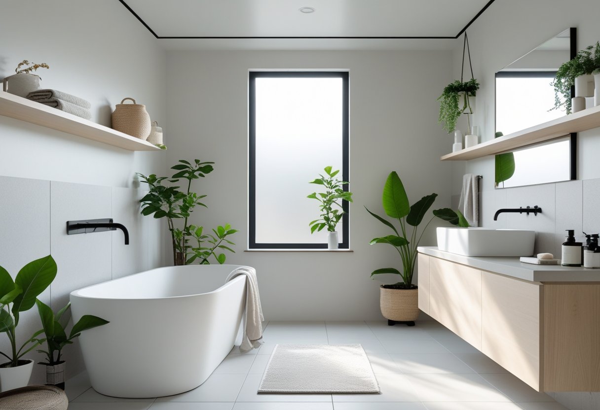 A bright bathroom with a white bathtub, wooden shelves, plants, and soft natural light.