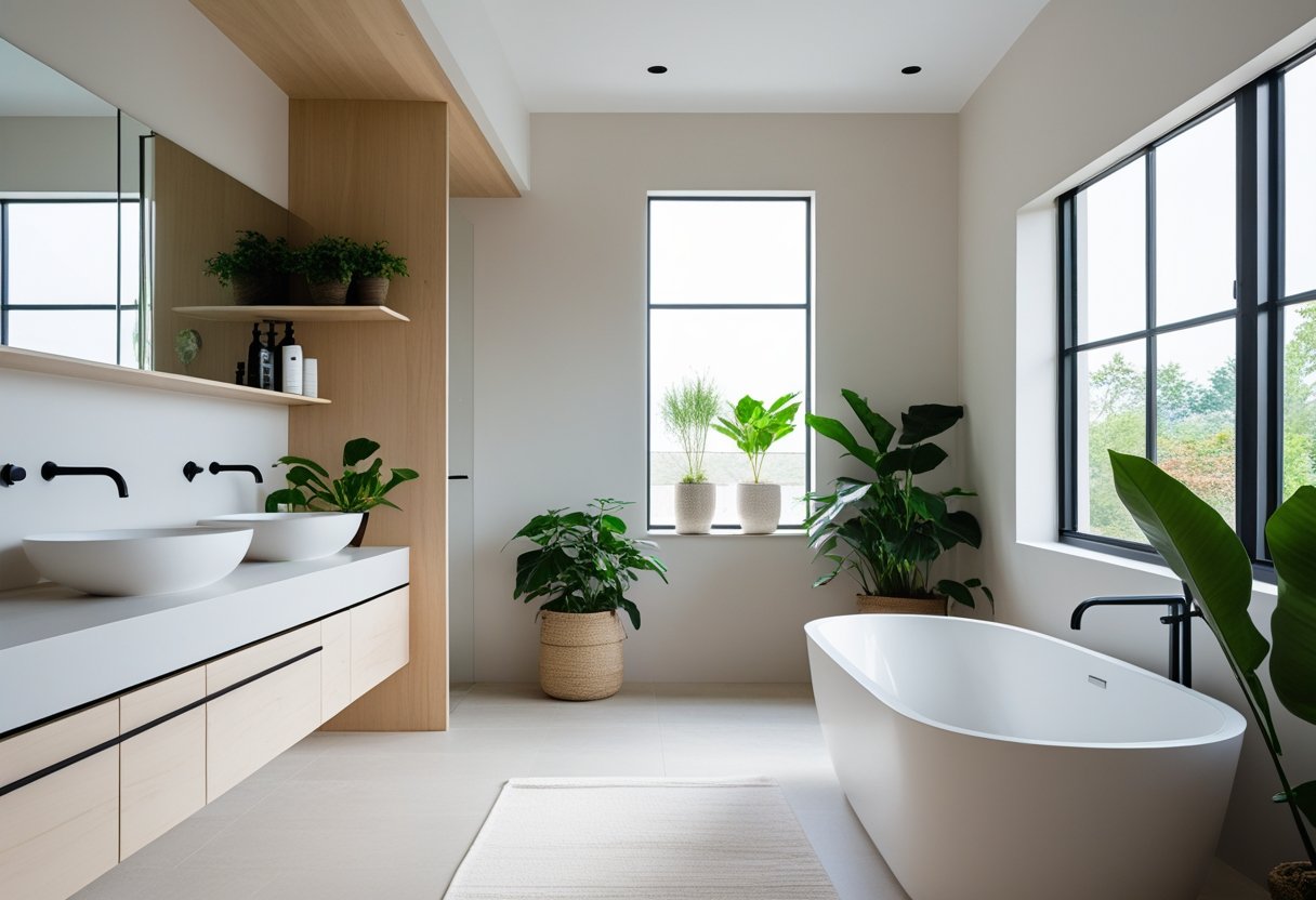 A bright bathroom with a freestanding bathtub, wooden shelves, black fixtures, and green plants near large windows.