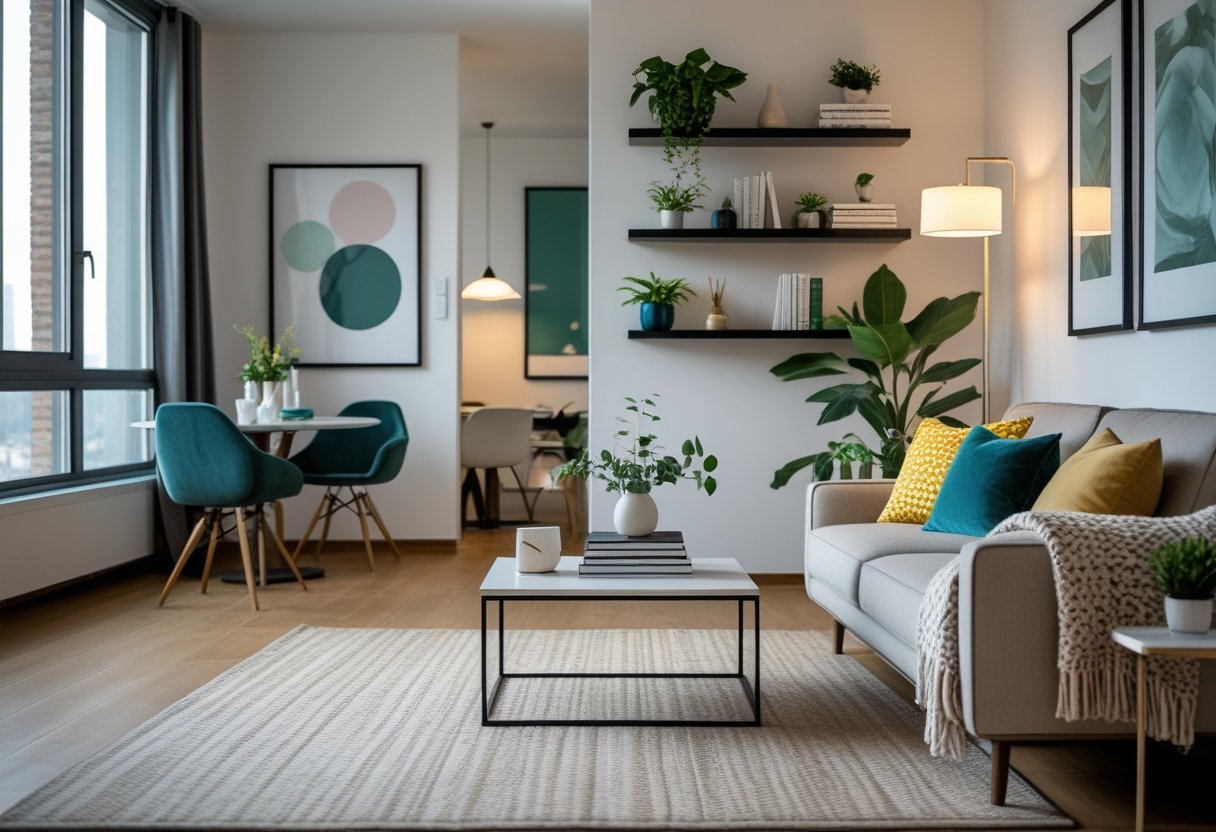 A bright apartment living room with a sofa, coffee table, plants, artwork on the walls, and a dining area in the background.