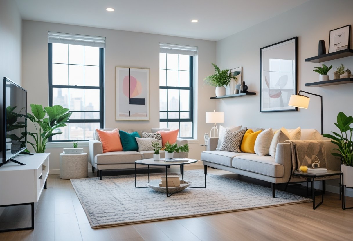 A bright and spacious living room with a sofa, coffee table, plants, and decorative shelves.
