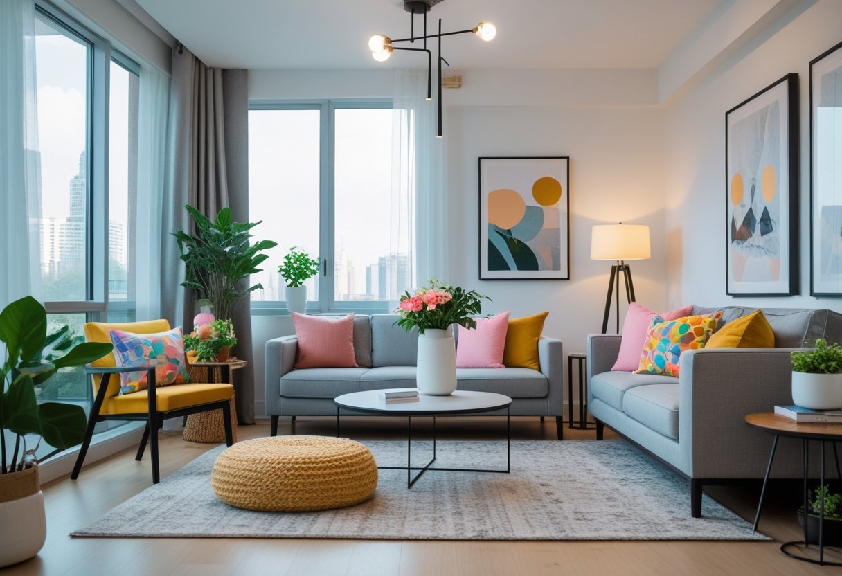 A bright living room with a sofa, coffee table, plants, and artwork on the walls.