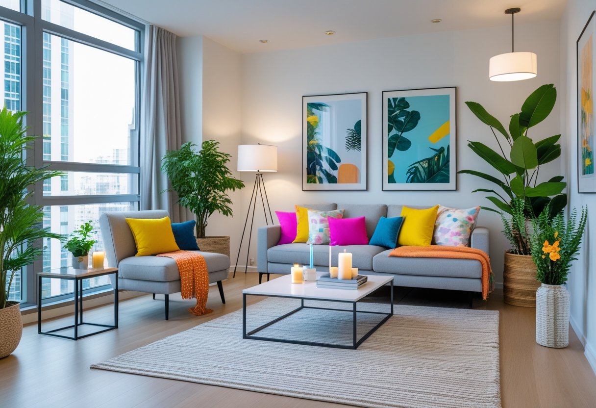 A bright apartment living room with a sectional sofa, coffee table, indoor plants, and decorative items arranged neatly.