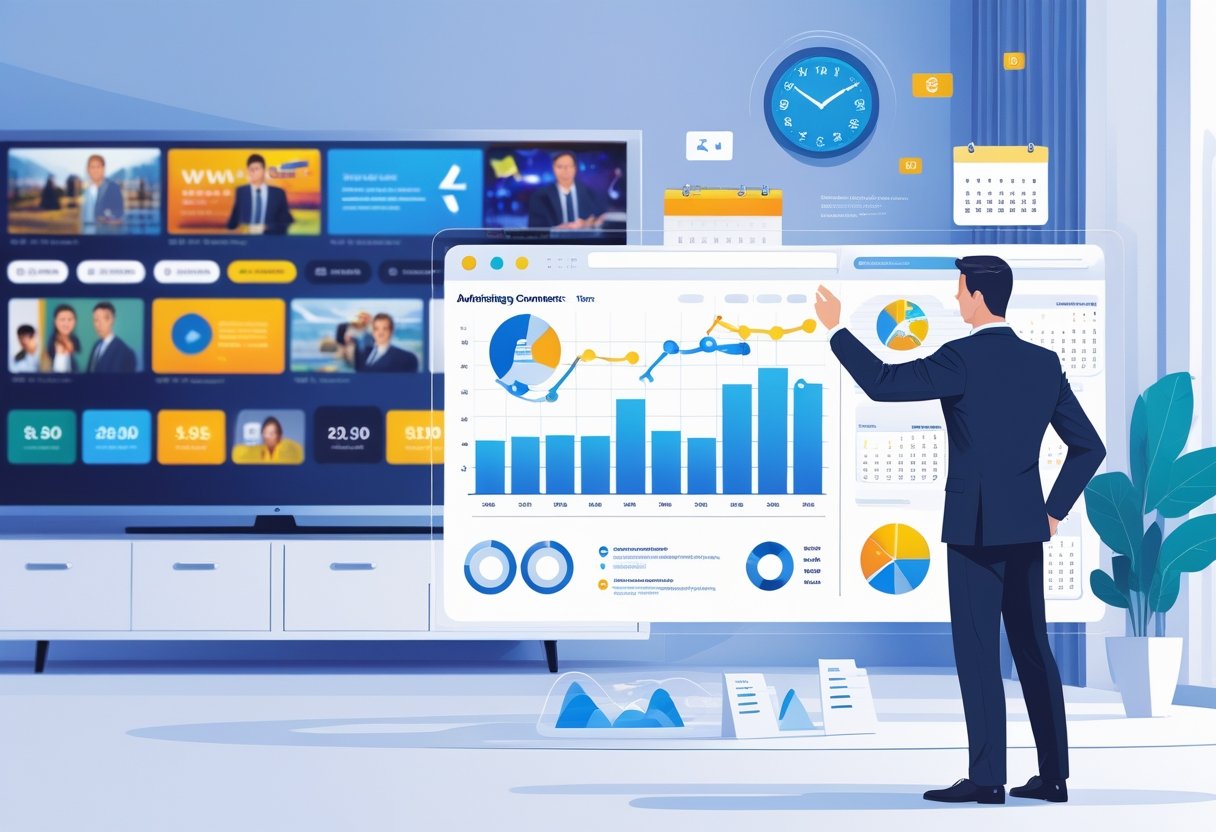 Eine Person analysiert vor einem Fernseher mit Programmansichten digitale Diagramme zu Werbezeiten und Kosten.