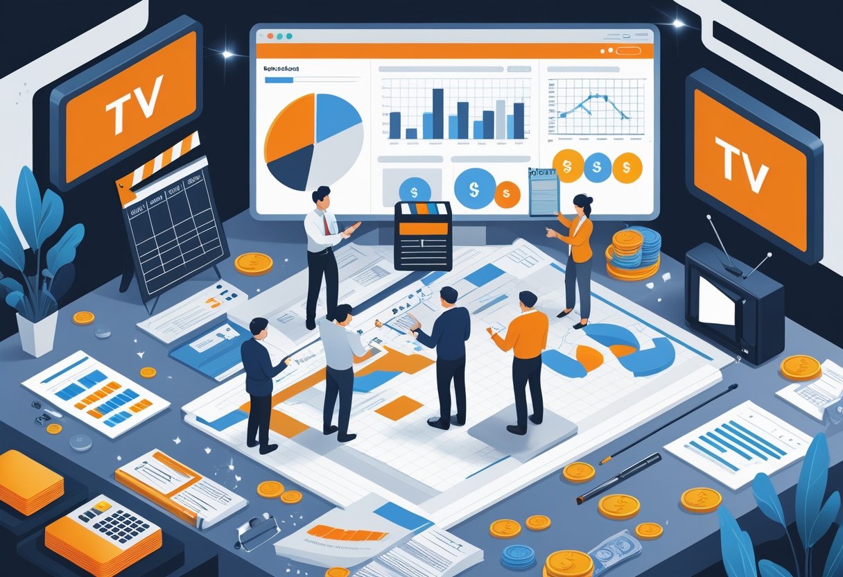 Ein Team von Fachleuten arbeitet an einem Tisch mit Diagrammen und Budgetunterlagen, während ein Bildschirm eine Planung für eine TV-Werbekampagne zeigt.