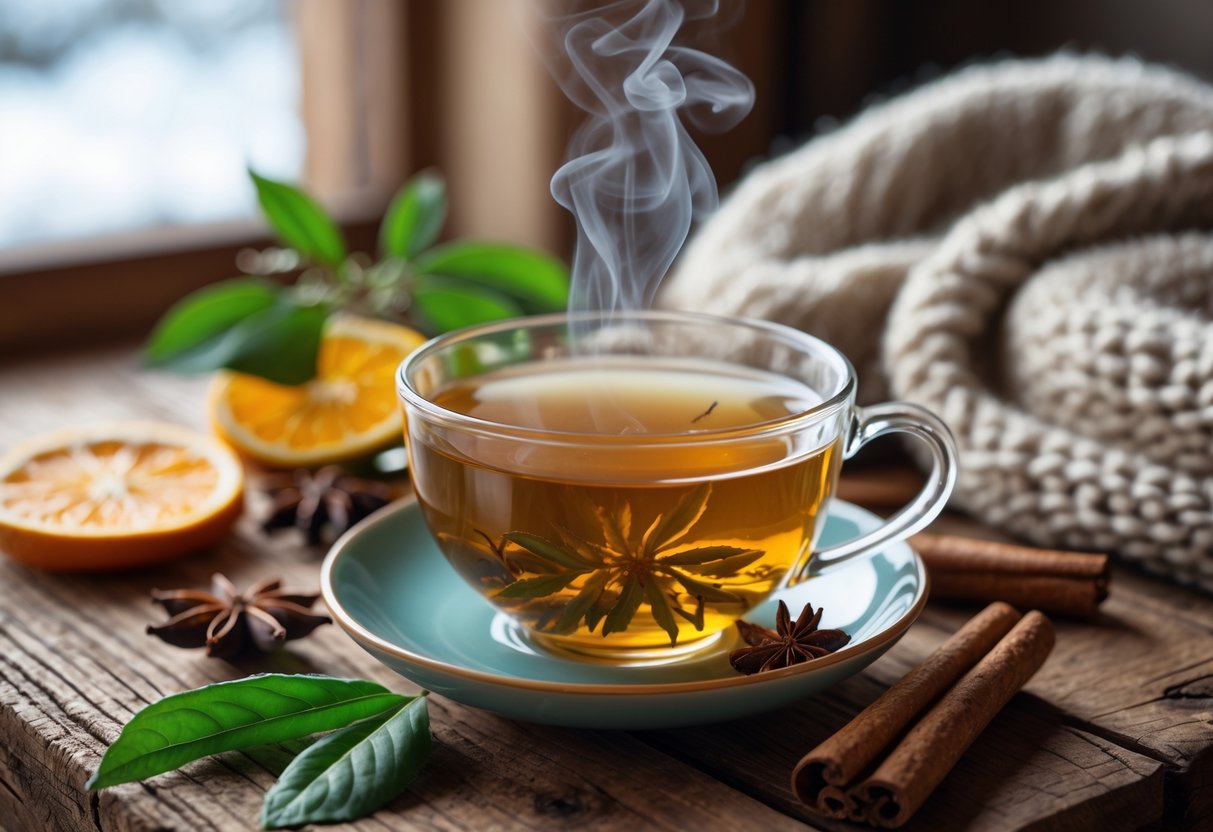 A steaming cup of green rooibos tea on a wooden table surrounded by spices and leaves, with a cozy indoor winter setting in the background.