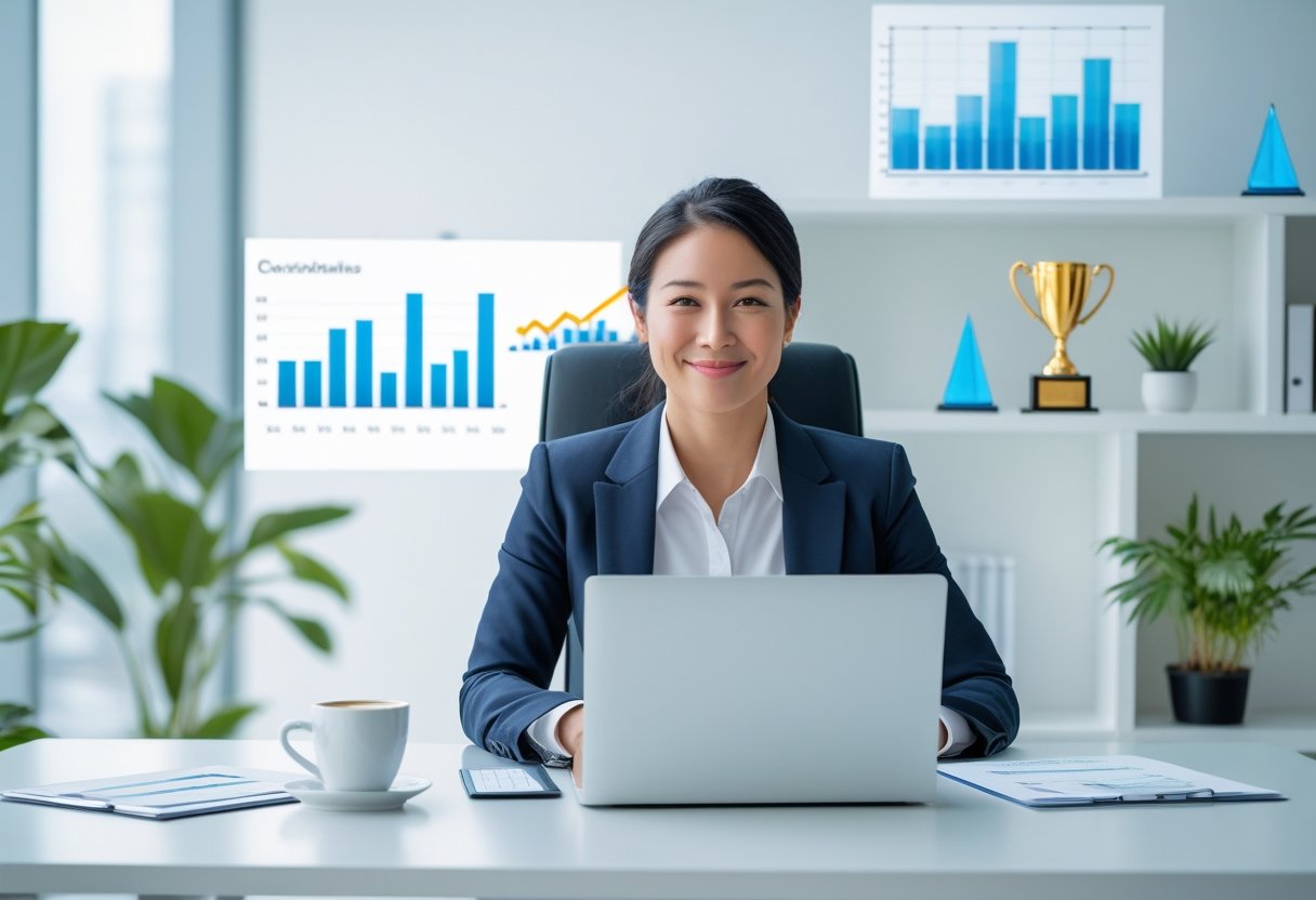 A calm businessperson sitting at a desk with a laptop and documents, surrounded by symbols of success like an upward graph and a trophy, in a bright modern office.