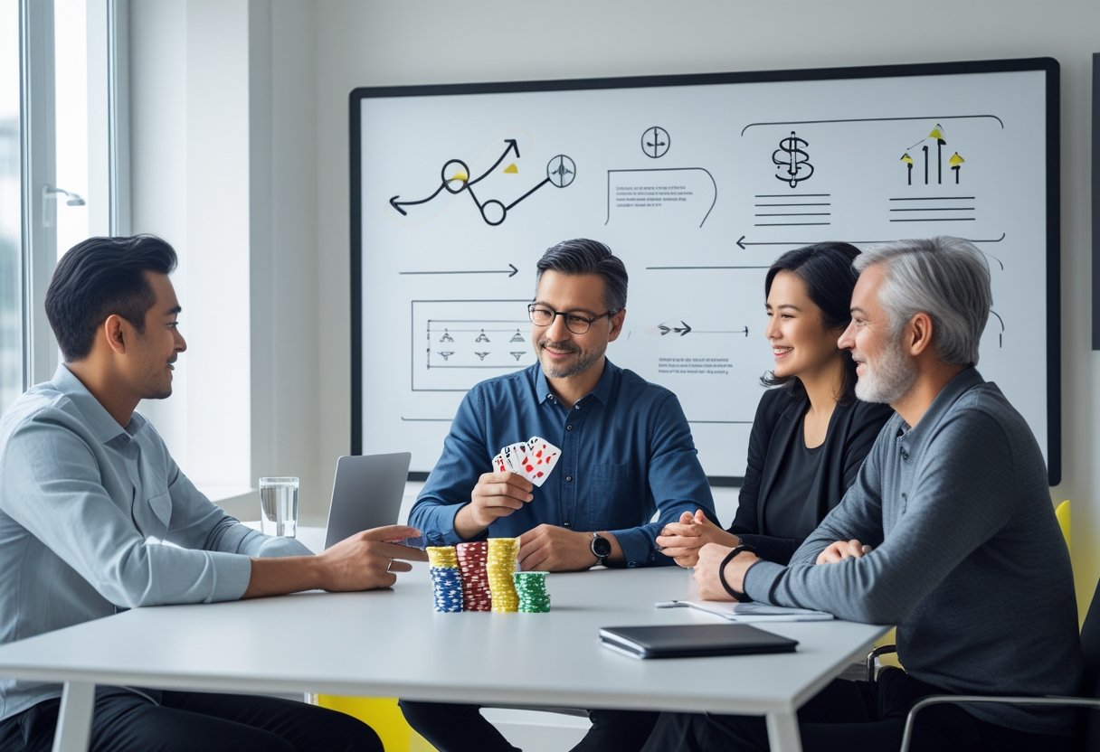 Three adults sitting around a table with playing cards and poker chips, engaged in a calm and focused discussion about responsible gambling.