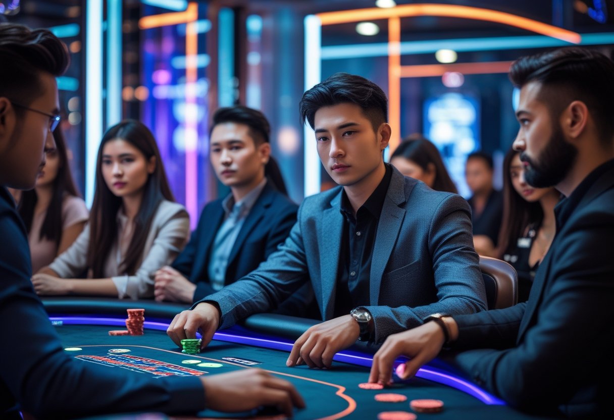 A young adult playing poker at a modern table with digital cards and holographic chips, surrounded by other players in a stylish casino setting.
