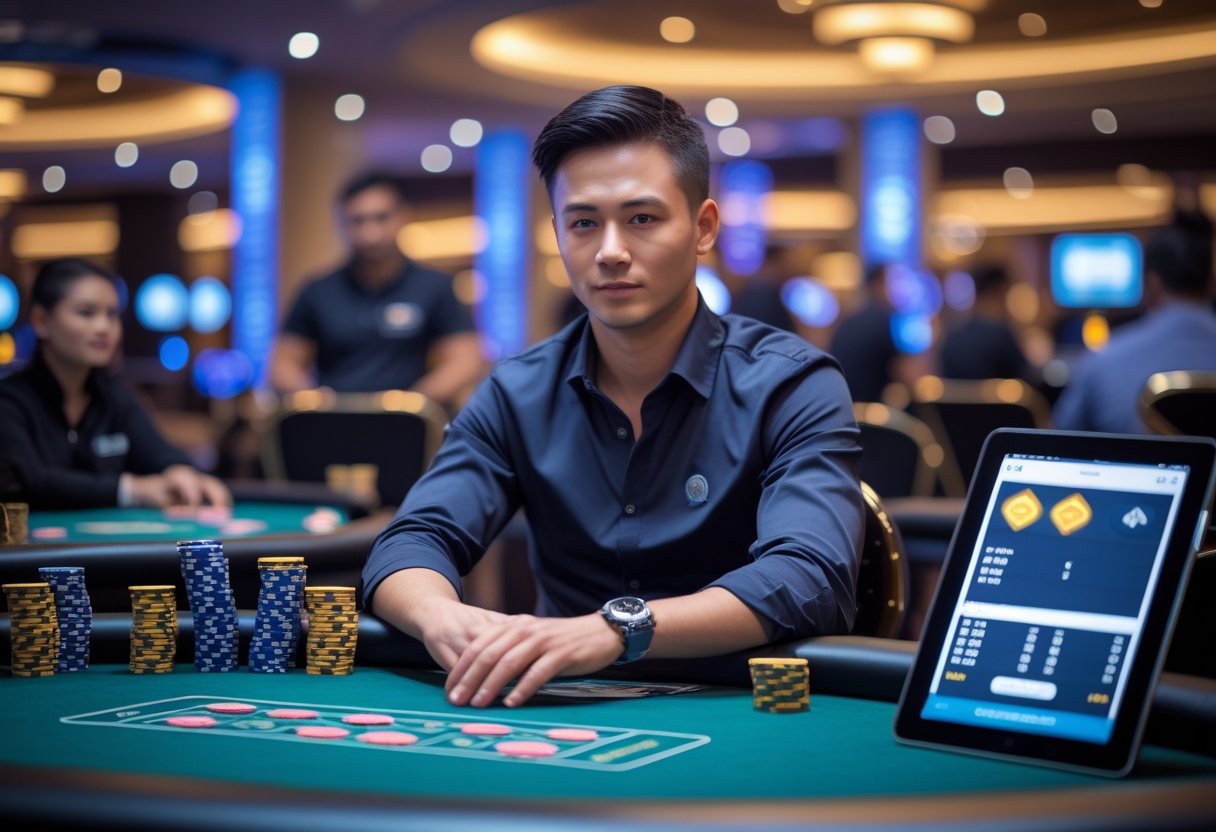 A focused poker player sitting at a casino table with chips and cards, surrounded by a modern casino environment.