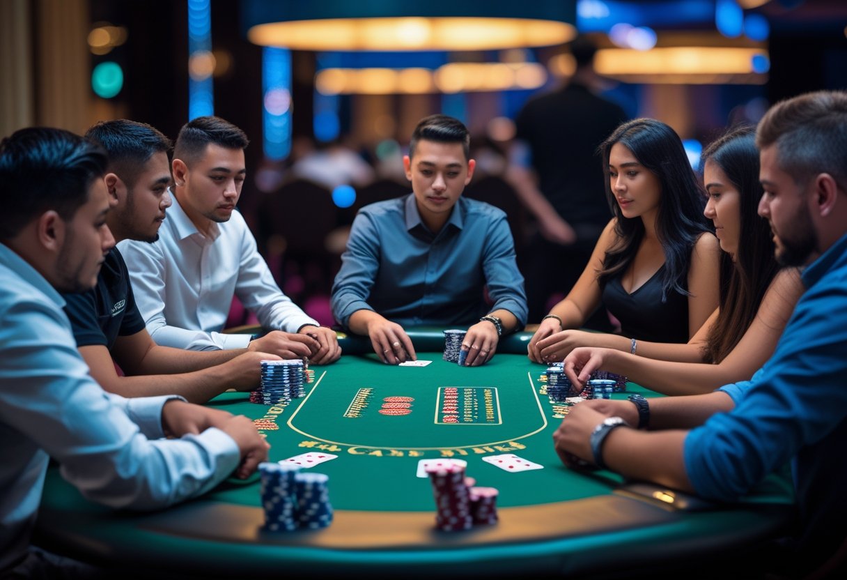 Six players sitting around a poker table playing a cash game with chips and cards in front of them.