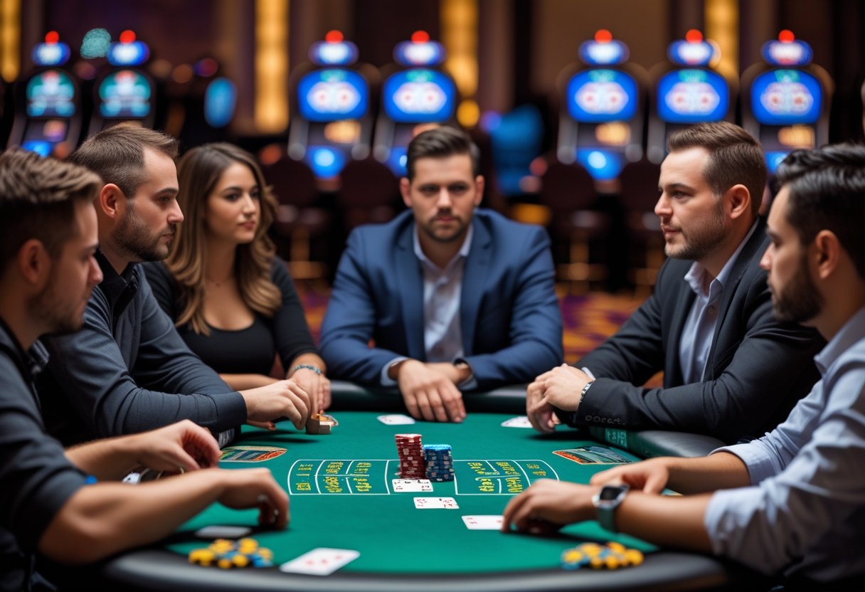 Six players sitting around a poker table playing a game with chips and cards in a casino setting.