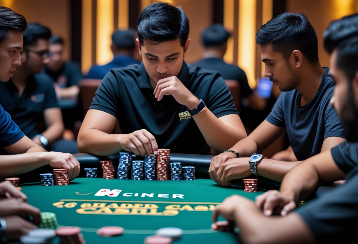 A group of six poker players sitting around a poker table, focused and playing a cash game.