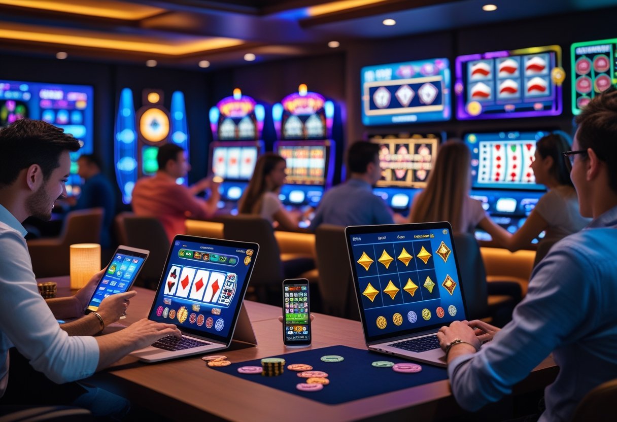 People playing online casino games on laptops, tablets, and smartphones in a modern, comfortable room.