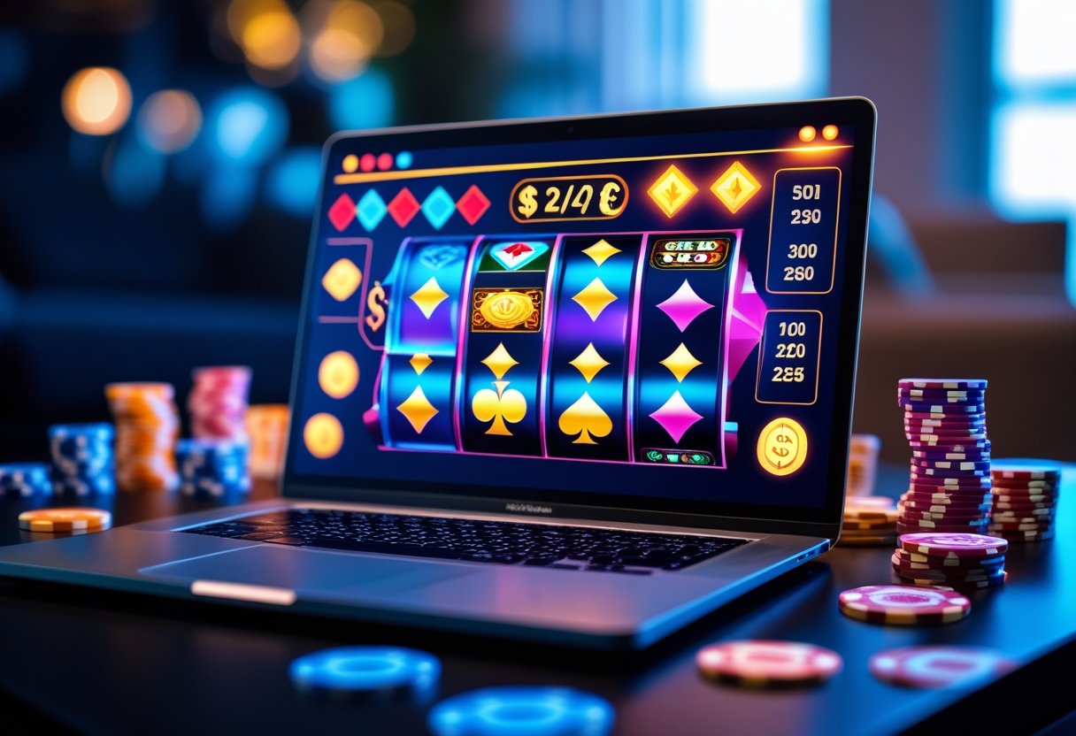 A computer screen showing colorful online casino games with chips and playing cards nearby in a cozy indoor setting.